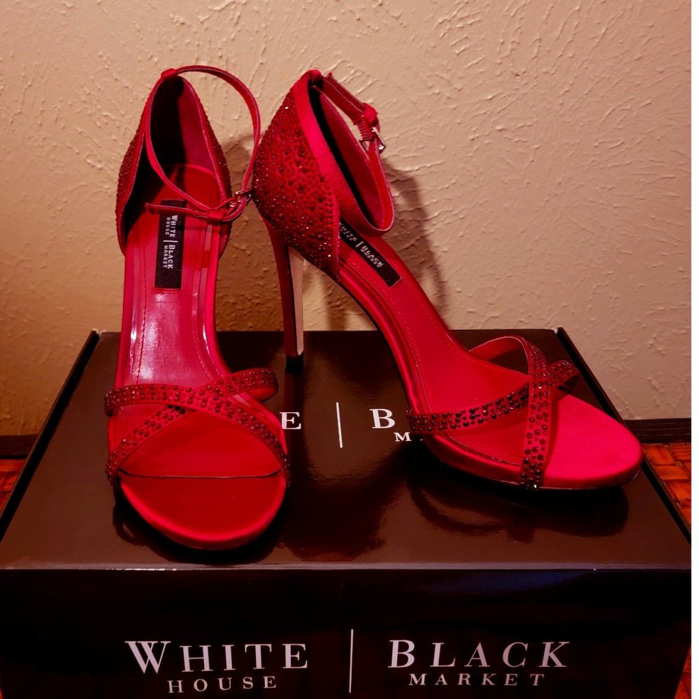WHBM Red Satin Embellished Strap Heels - Size 7.5M
